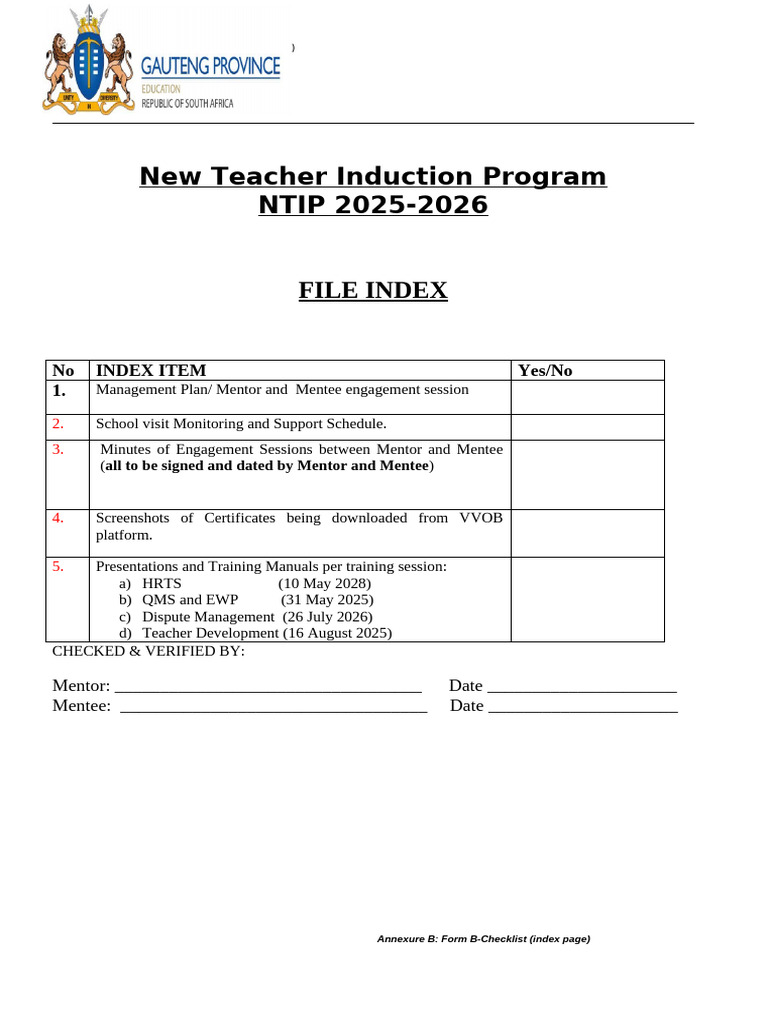 NTIP 2025-2026 Checklist Form B | PDF