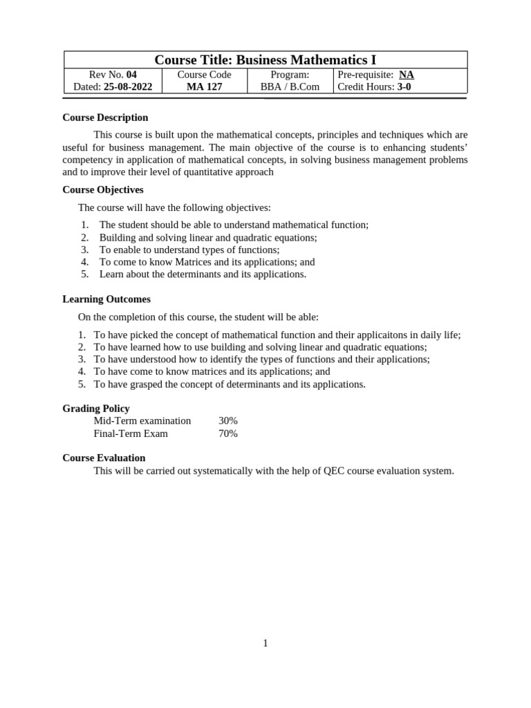 Business Mathematics I Course Overview | PDF | Matrix (Mathematics ...