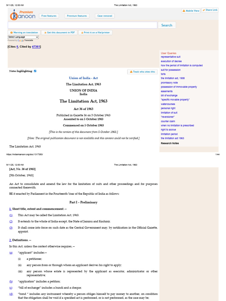 Limitation Act 1963 Overview | PDF | Lawsuit | Mortgage Law