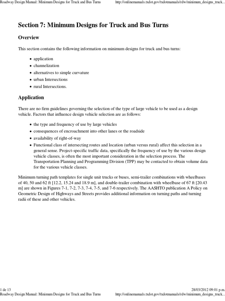 Roadway Design Manual - Minimum Designs For Truck and Bus Turns | PDF ...