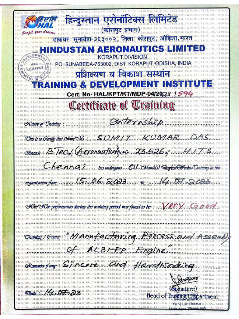 HAL Koraput Internship Certificate | PDF