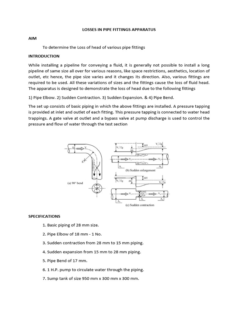 Head Loss in Pipe Fittings Experiment | PDF | Valve | Pump