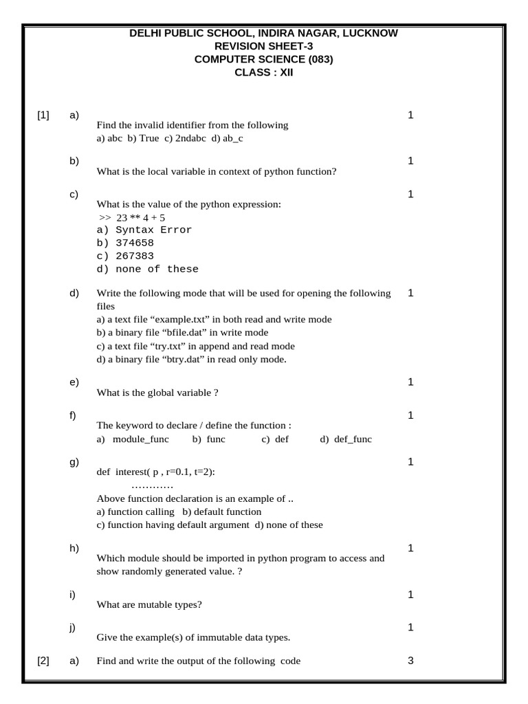 Class XII Computer Science Revision Sheet | PDF | Parameter (Computer ...