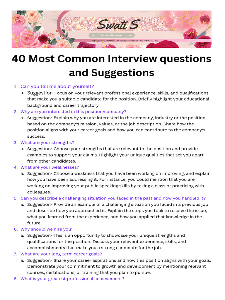 Top 40 Interview Questions & Tips | PDF | Leadership | Creativity