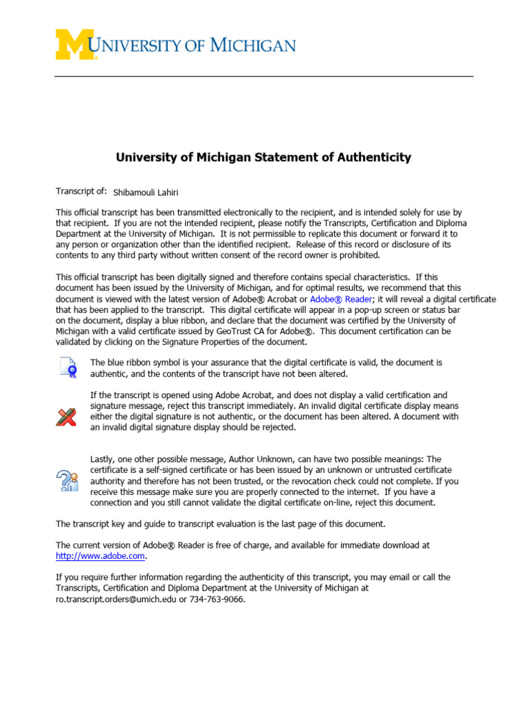 University of Michigan Official Transcript | PDF | Academic Term ...