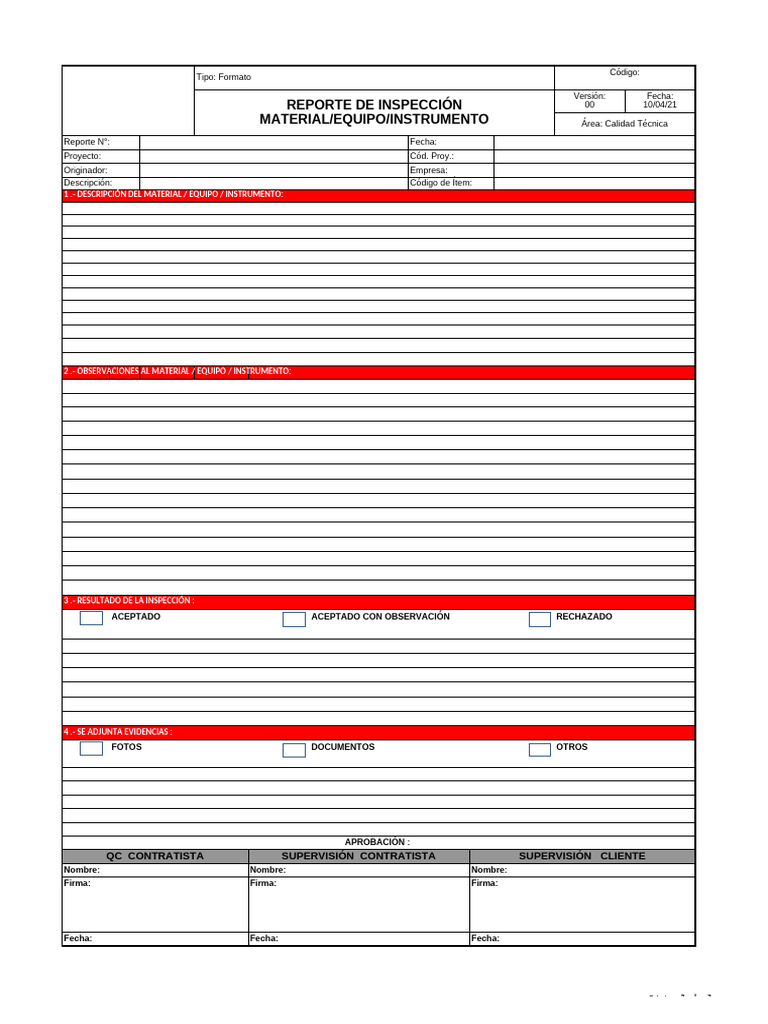 F02 Reporte de Inspección Materiales, Equipos, Instrumento - v001 | PDF