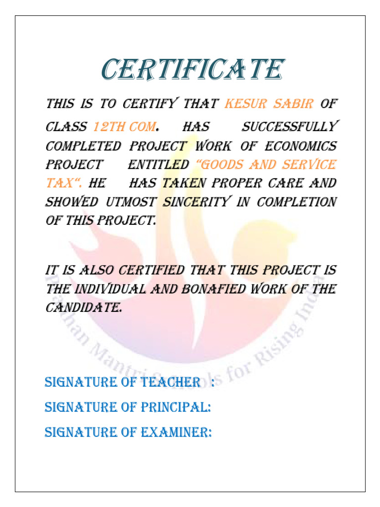 Class 12 Project Completion Certificates | PDF