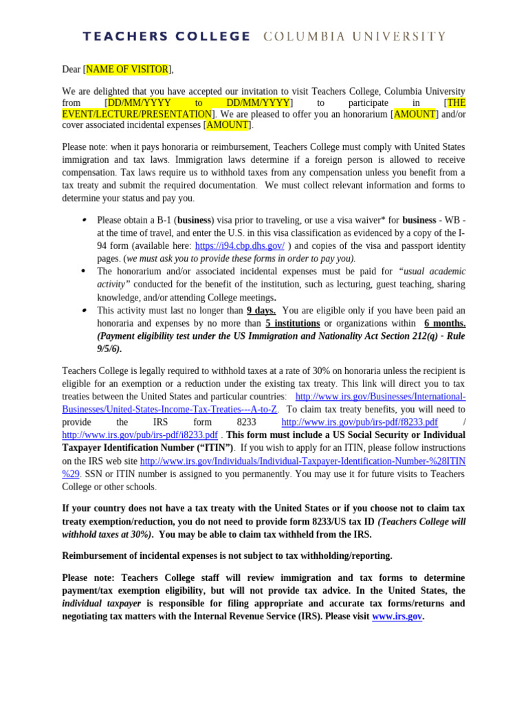 954 Sample Invitation Letter B | PDF | Irs Tax Forms | Taxes