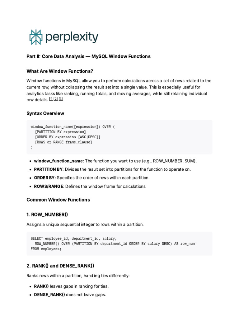 MySQL 8.0 Window Functions Guide | PDF | Function (Mathematics ...