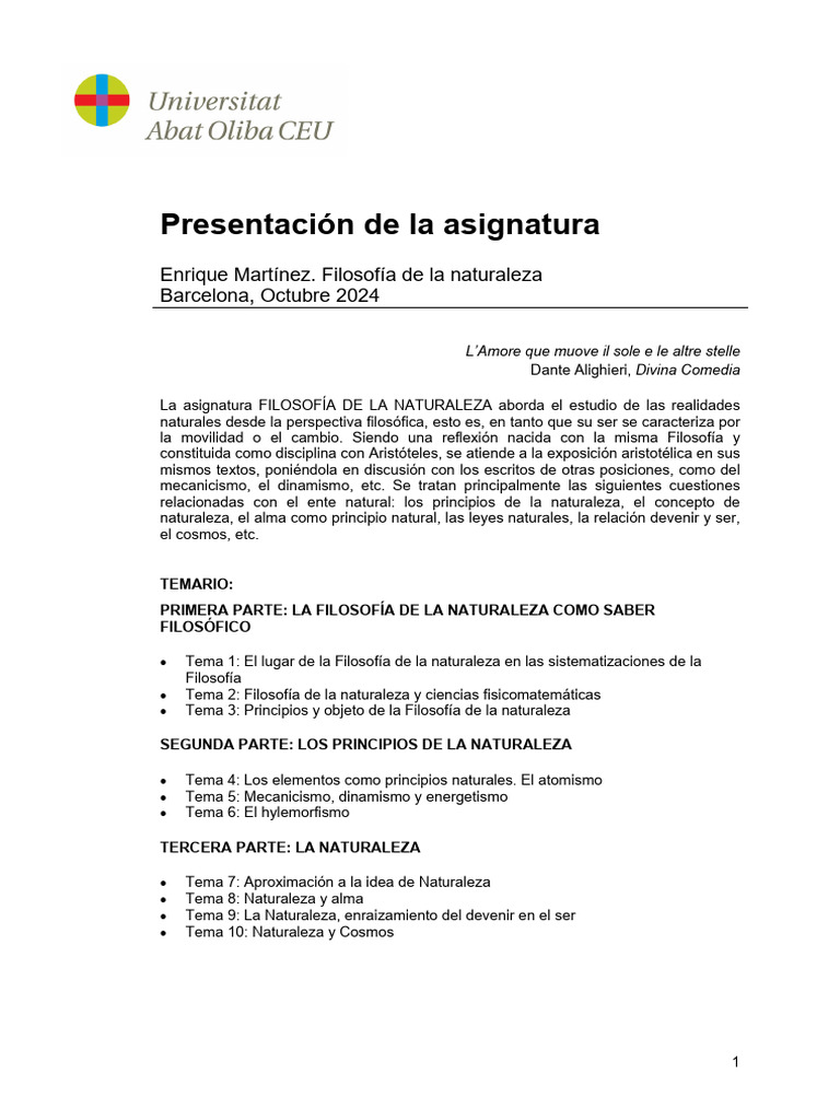 Presentación de La Asignatura (2025) | PDF | Filosofía natural ...