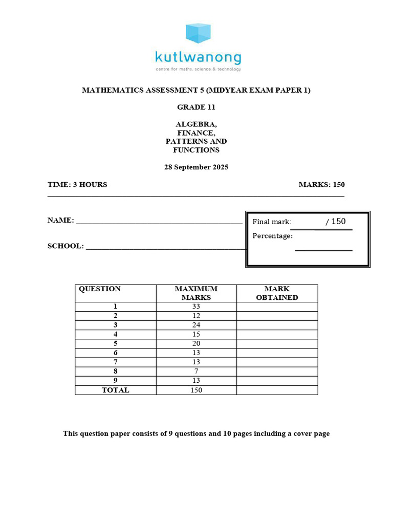 Grade 11 Midyear Math Exam Paper 1 | PDF | Cartesian Coordinate System ...