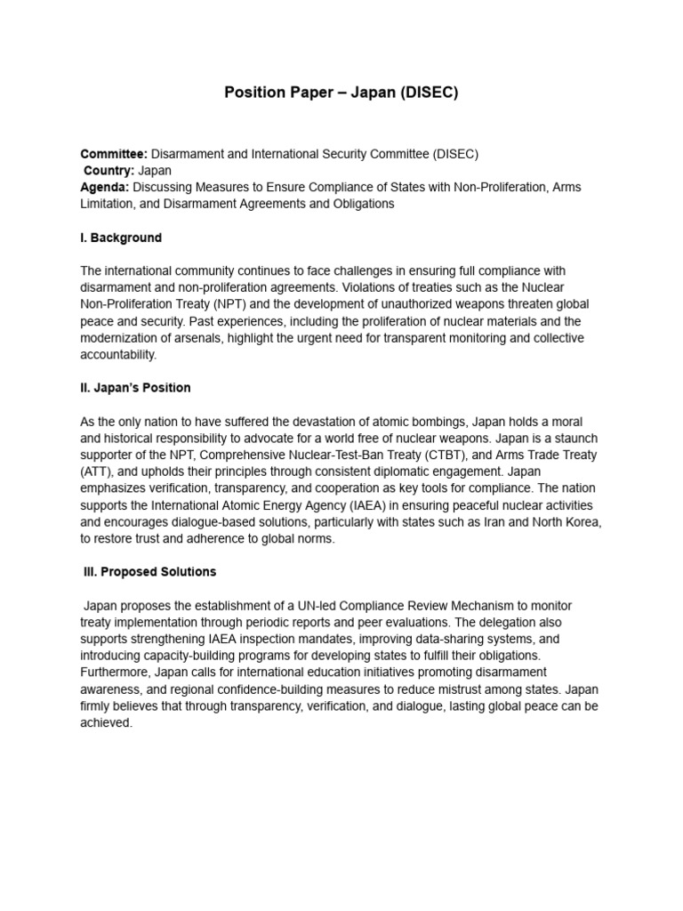 Position Paper - Japan (DISEC) | PDF