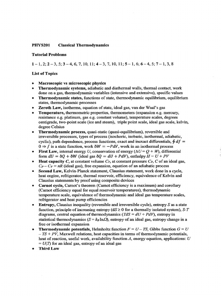 PHYS201 Thermo Tut Problems | PDF