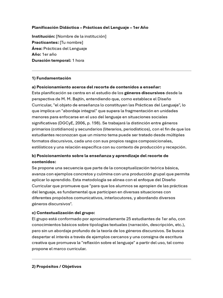 Planificación Didáctica: Géneros Discursivos | PDF | Plan de estudios ...