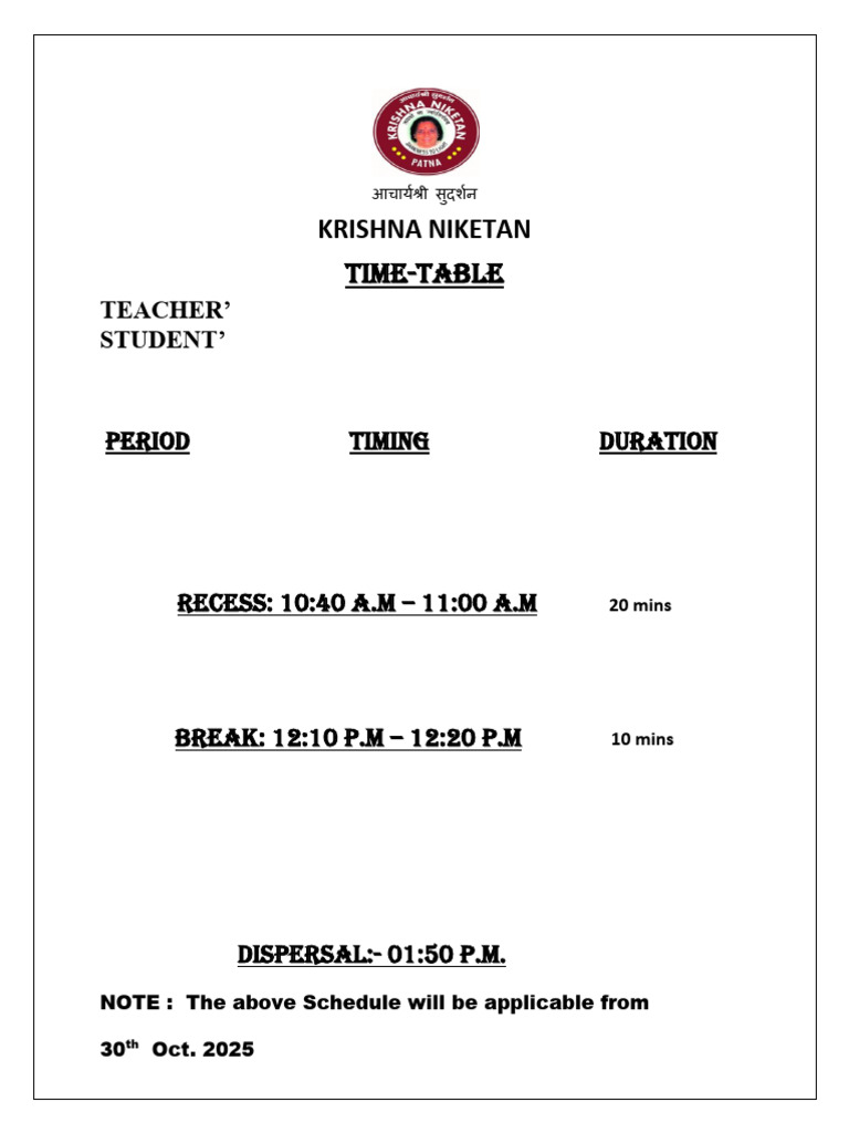 School Timetable Effective Oct 30, 2025 | PDF