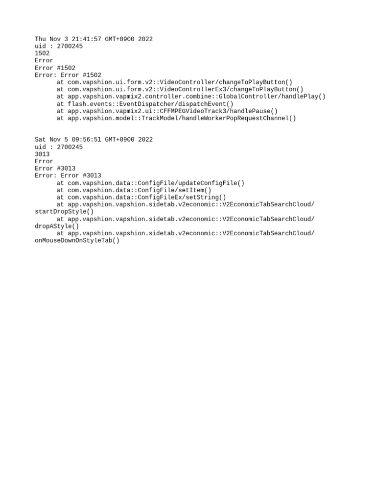 Vapshion Error Log Analysis | PDF