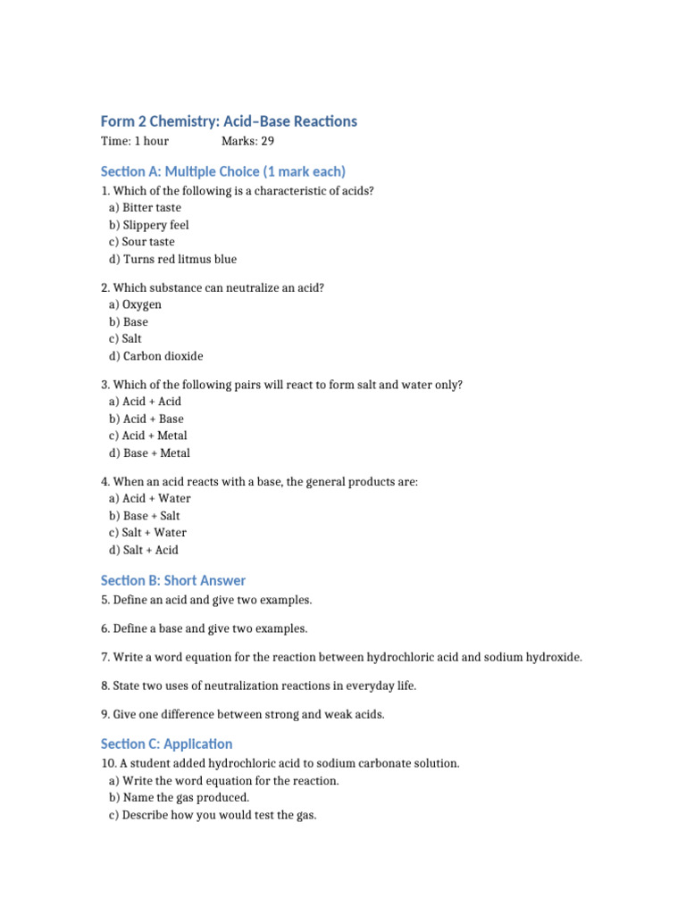 Acid Base Reactions Form2 | PDF | Acid | Salt (Chemistry)