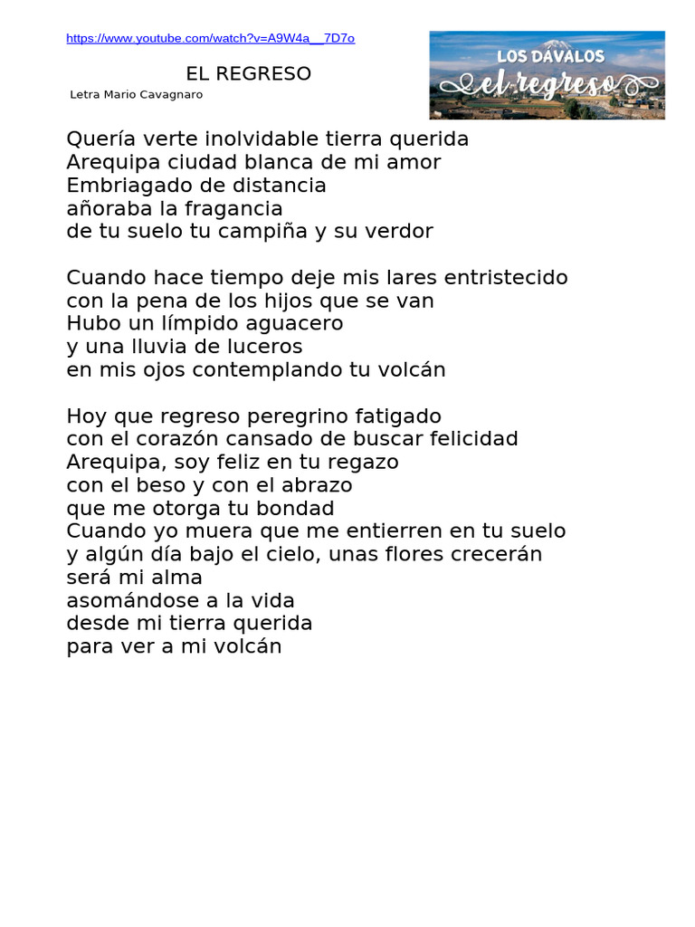 Letra El Regreso - Los Davalos | PDF