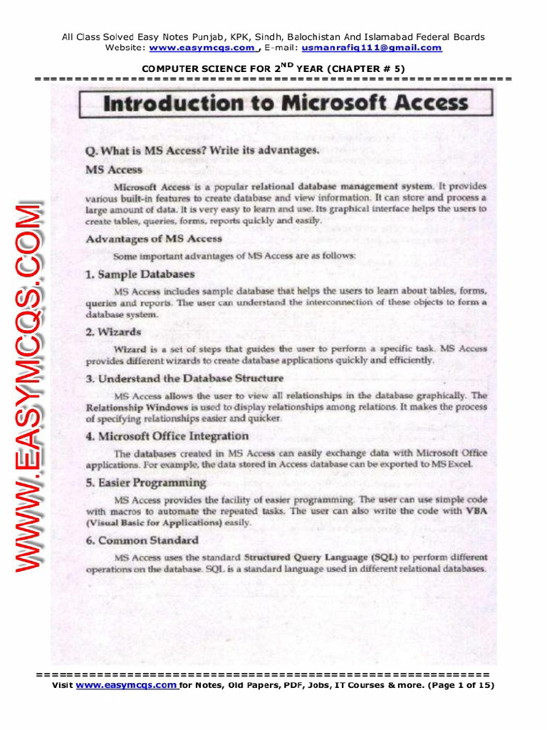 2nd Year Computer Science Chapter 5 Introduction To Mircosoft Access ...