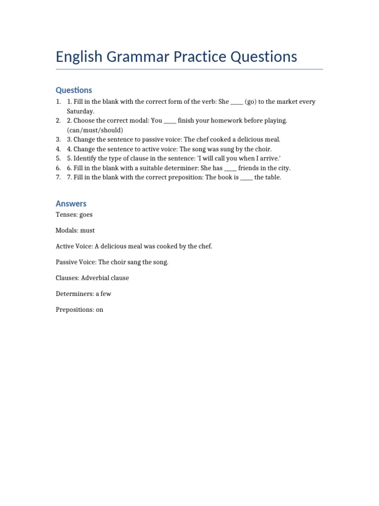 English Grammar Practice Questions | PDF