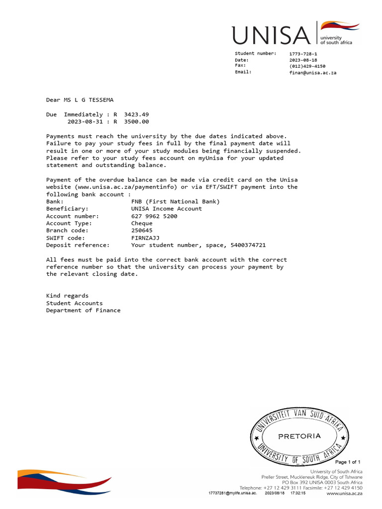 UNISA Payment Due Notice for Fees | PDF