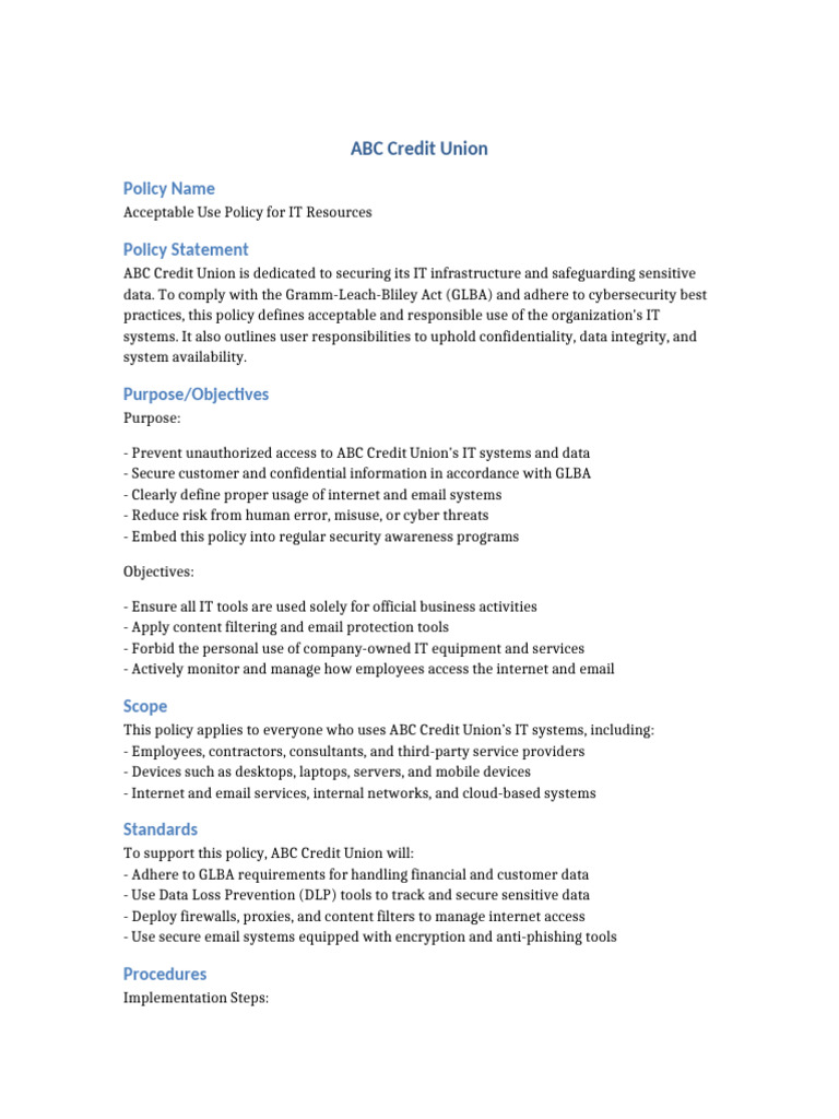 Lab1 ABC Credit Union Aup | PDF | Information Security | Security