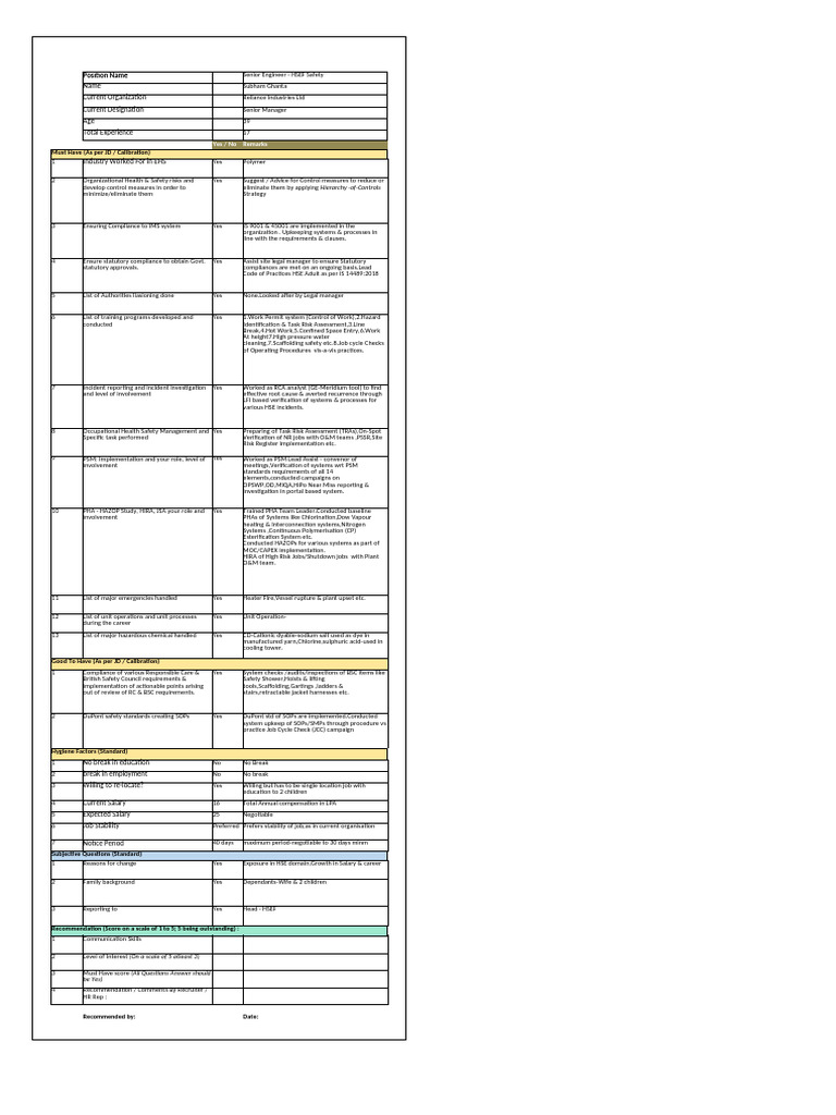 Senior Engineer HSEF Profile Overview | PDF | Occupational Safety And ...
