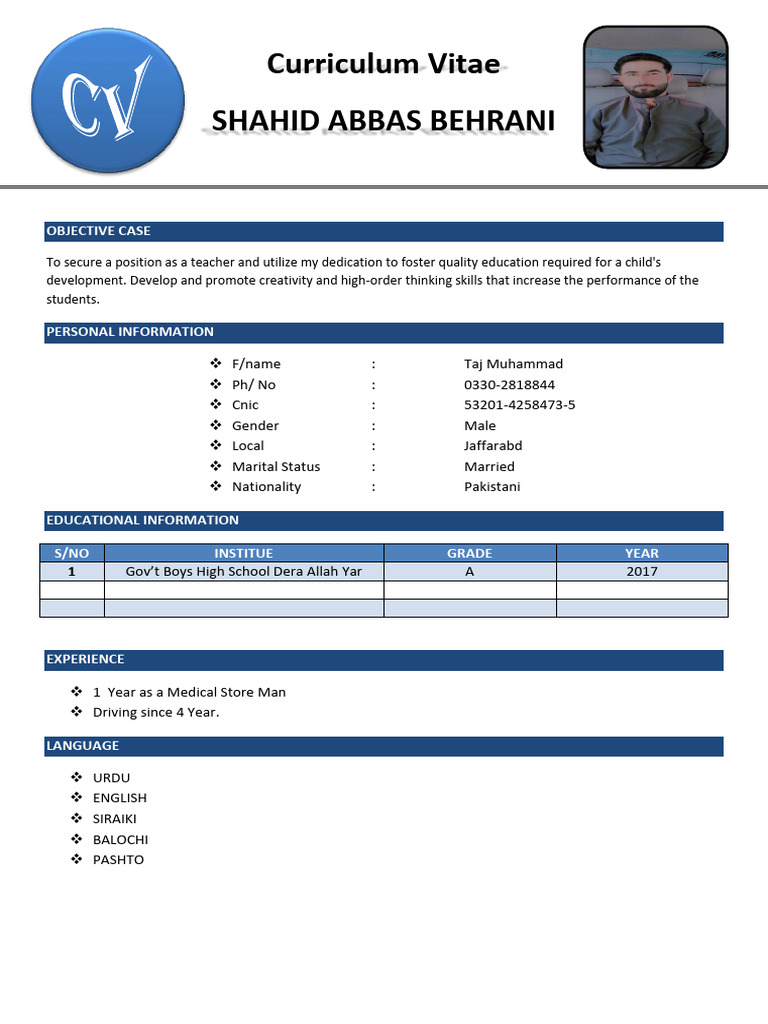 Shahid Abbas Behrani CV for Teaching Position | PDF