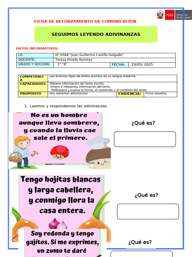 Ficha de Adivinanzas para 1° Grado | PDF