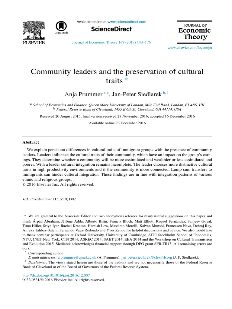 Community Leaders and The Preservation of Cultural Traits (Journal of ...