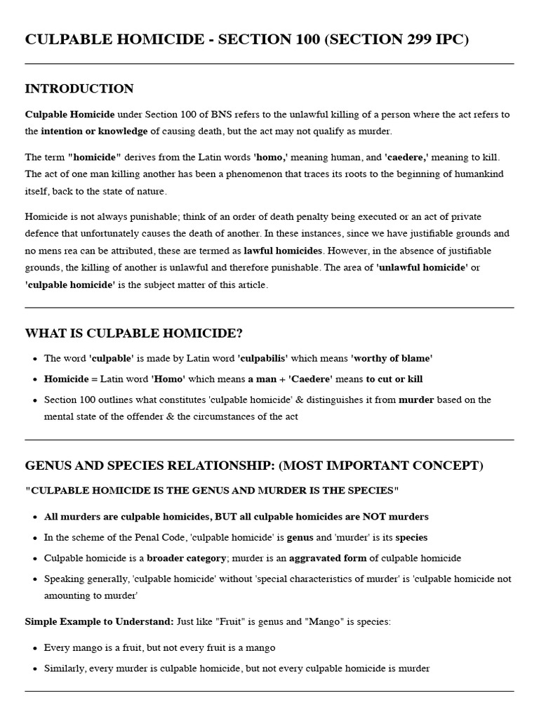 Culpable Homicide Under Section 100 BNS | PDF | Mens Rea | Murder