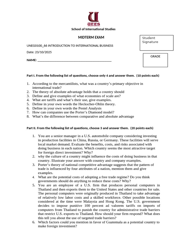 International Business Midterm Exam Guide | PDF | Exports | Free Trade