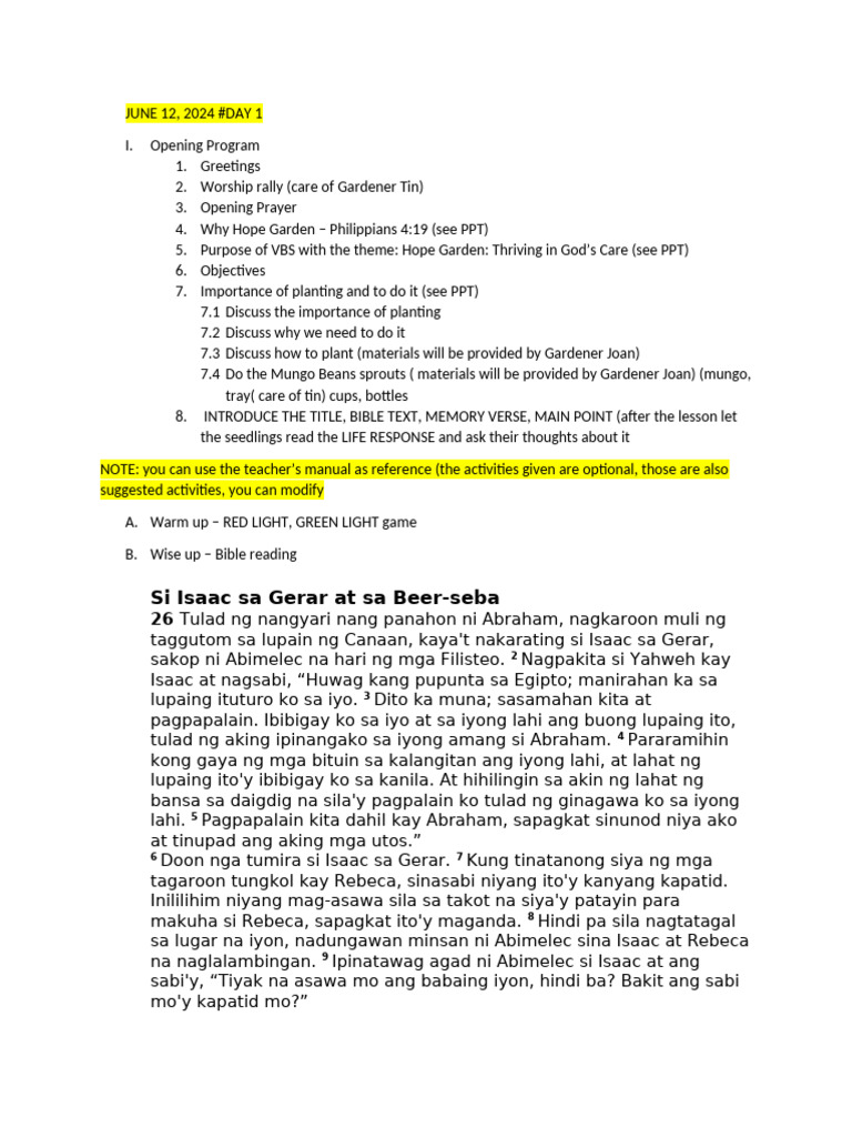 VBS Lesson Proper Day 1-5 | PDF