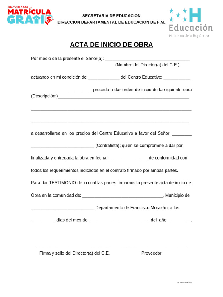 Acta de Inicio de Obra Educativa 2025 | PDF