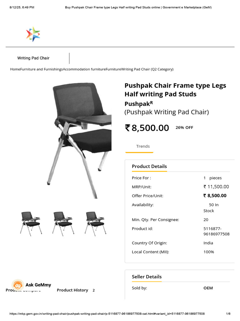 Buy Pushpak Chair Frame Type Legs Half Writing Pad Studs Online ...