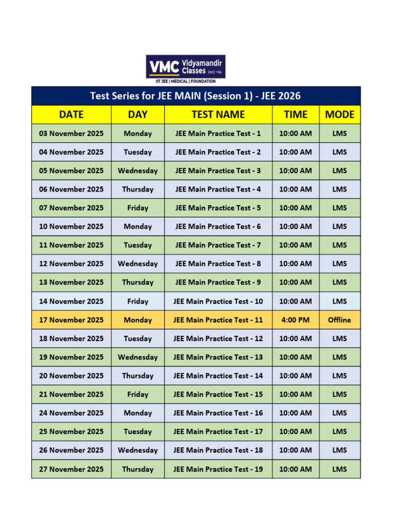 JEE Main 2026 Mock Test Schedule | PDF