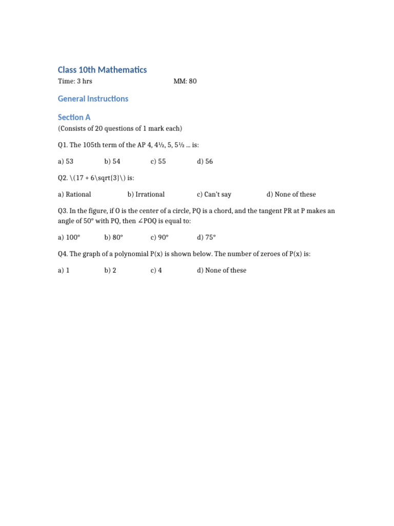 Class 10 Mathematics Exam Questions | PDF
