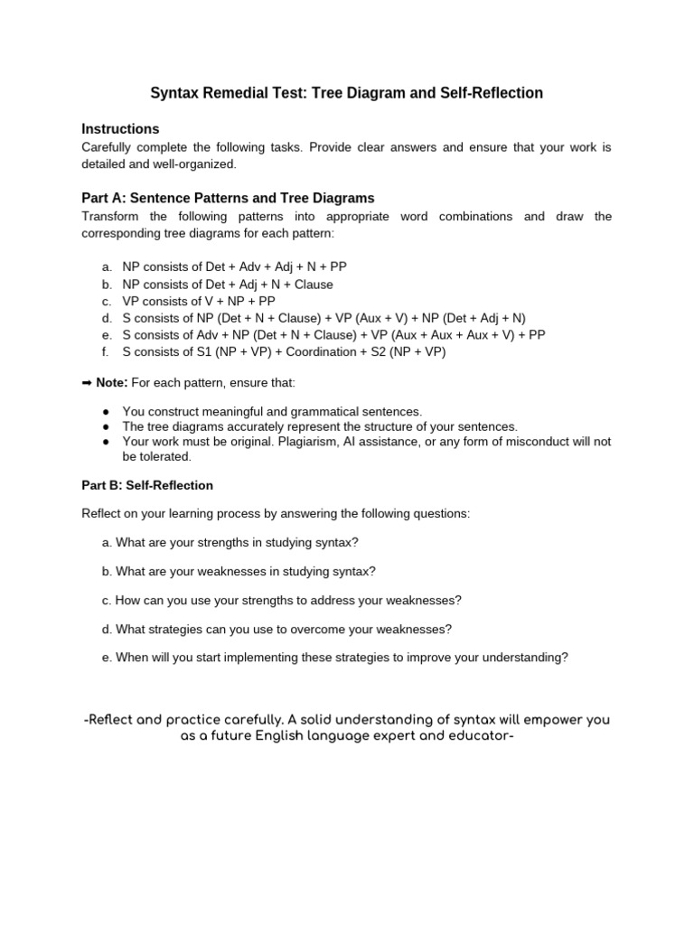 Syntax Test: Tree Diagrams & Reflection | PDF