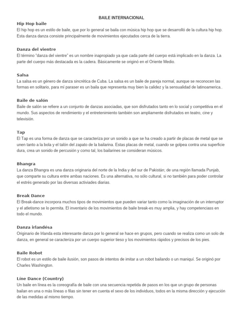 Estilos de Baile Internacionales | PDF | Bailes | Las artes escénicas