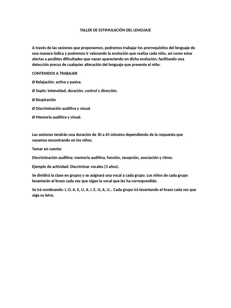 Taller de Estimulación del Lenguaje Infantil | PDF