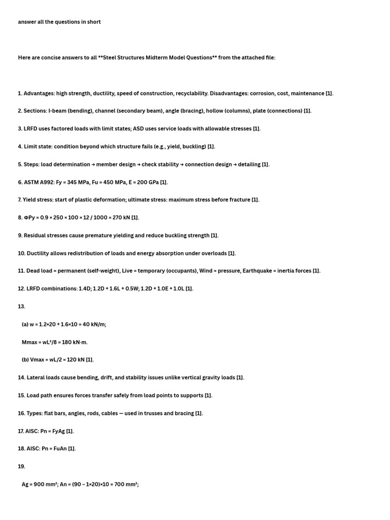 Steel Structures Midterm Q&A Guide | PDF | Strength Of Materials | Buckling