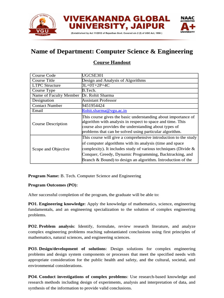 Design and Analysis of Algorithms Course | PDF | Engineering | Dynamic ...