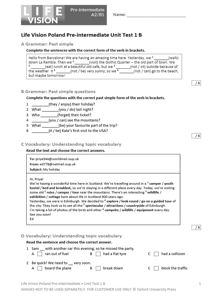 Pre-Intermediate Unit Test 1B: Grammar & Vocabulary | PDF