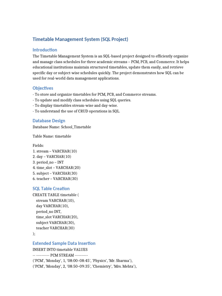 SQL Timetable Management System | PDF | Sql | Databases