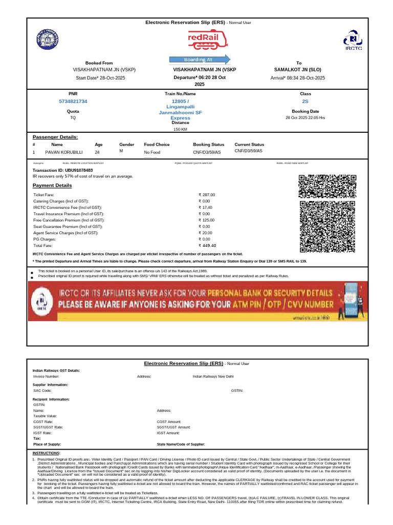 Train Ticket From VSKP TO SLO | PDF | Identity Document | Payments