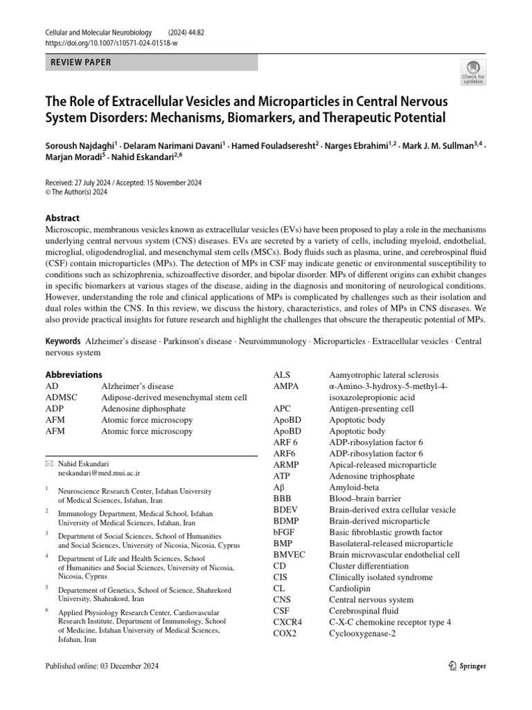 The Role of Extracellular Vesicles and Microparticles in Central ...