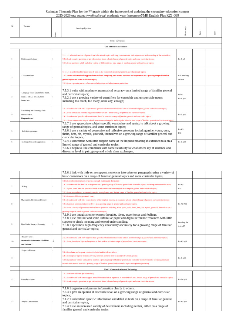 7th Grade Thematic Calendar Plan 2025-2026 | PDF | Adjective | Vocabulary