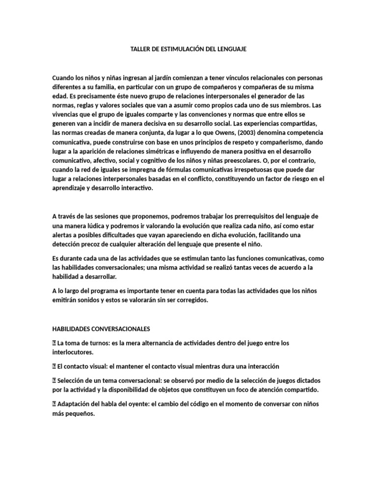 Taller de Estimulación del Lenguaje | PDF | Conceptos psicologicos ...