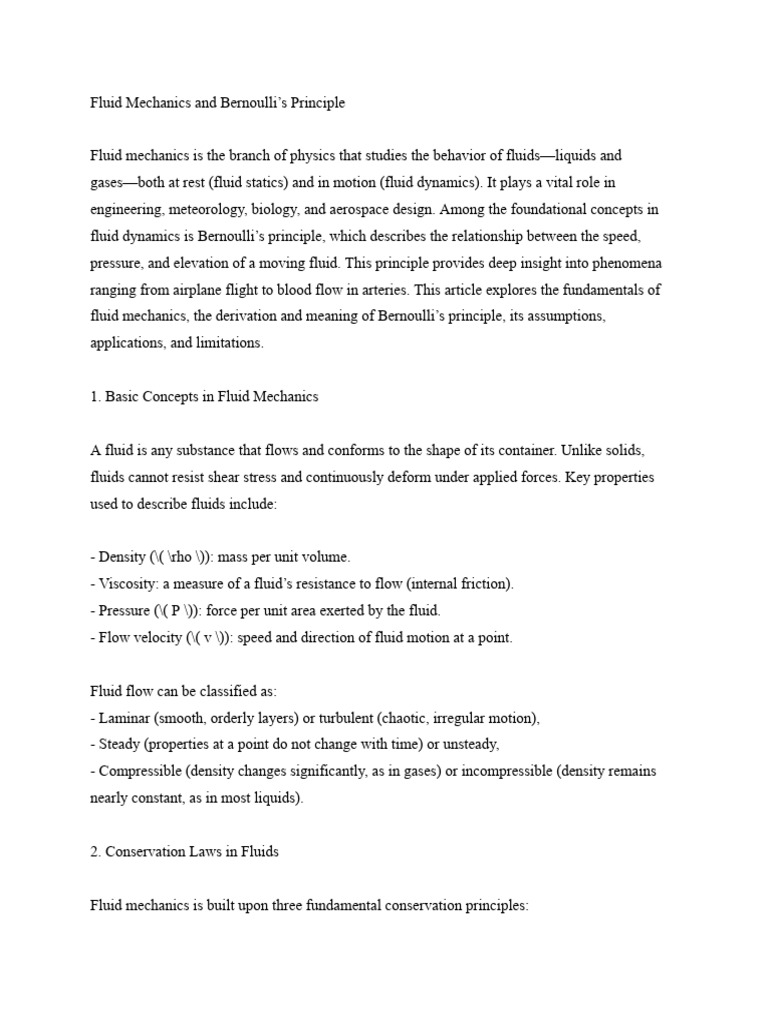 Fluid Mechanics and Bernoulli's Principle | PDF | Fluid Dynamics ...