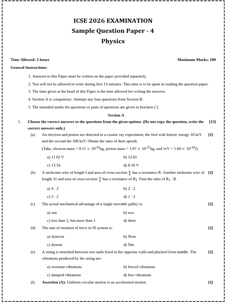 ICSE 2026 Physics Sample Question Paper | PDF | Radiation | Sound